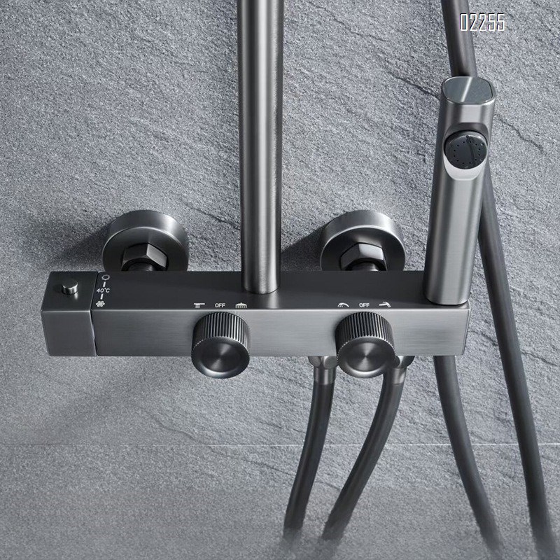 All-Brass Square Bathroom Shower Head Set High-Pressure Gun Gray Constant Temperature Shower Set