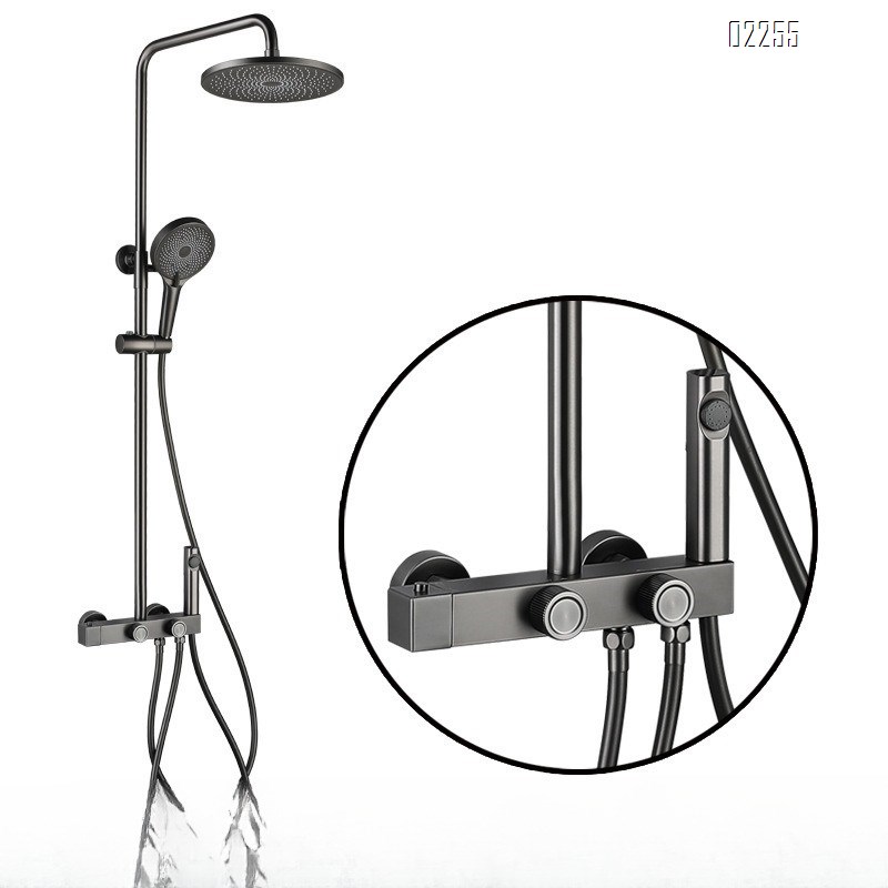 All-Brass Square Bathroom Shower Head Set High-Pressure Gun Gray Constant Temperature Shower Set