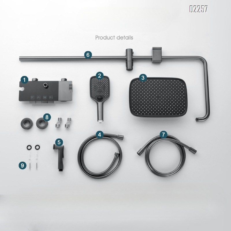 Gun Grey Brass Body Shower Set with Intelligent Digital Display and Four-Function Button Shower Head Set