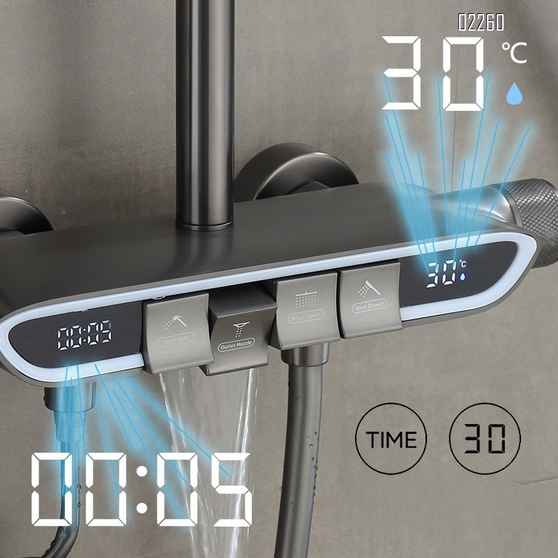 Concealed Shower Set with Digital Display Brass Bathroom Pressure-Boosting Shower Head, Shower Set with Ambient Light