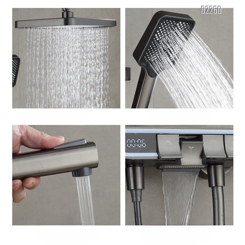 Concealed Shower Set with Digital Display Brass Bathroom Pressure-Boosting Shower Head, Shower Set with Ambient Light