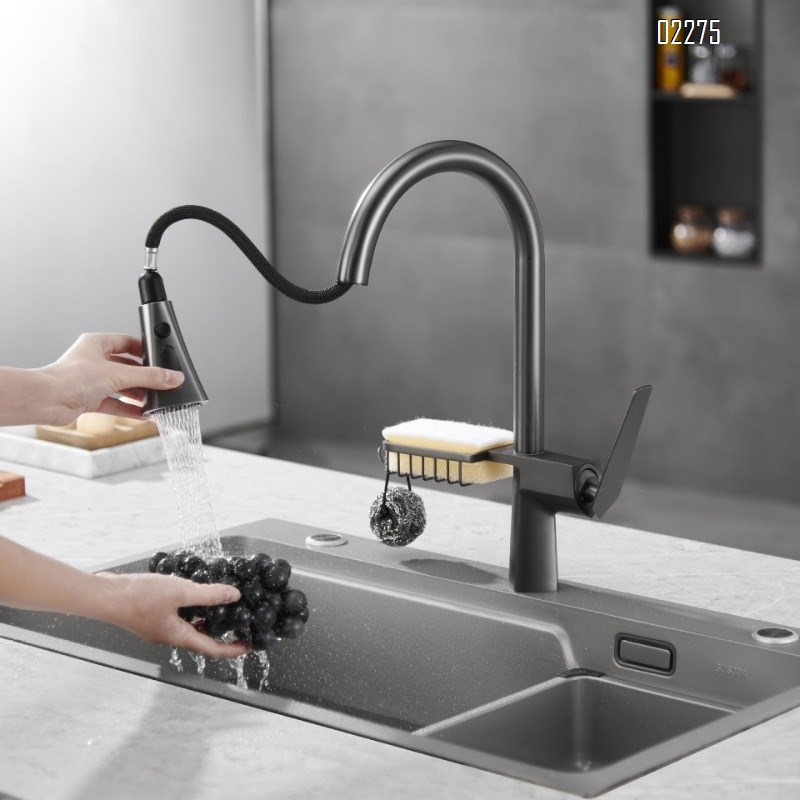 Brass Hot and Cold Gun Gray Kitchen Faucet Rotatable Pull-Out Splash-Proof Sink Basin with Basket Storage Faucet