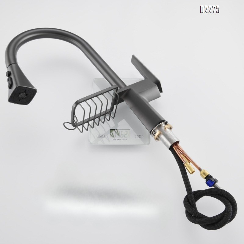 Brass Hot and Cold Gun Gray Kitchen Faucet Rotatable Pull-Out Splash-Proof Sink Basin with Basket Storage Faucet