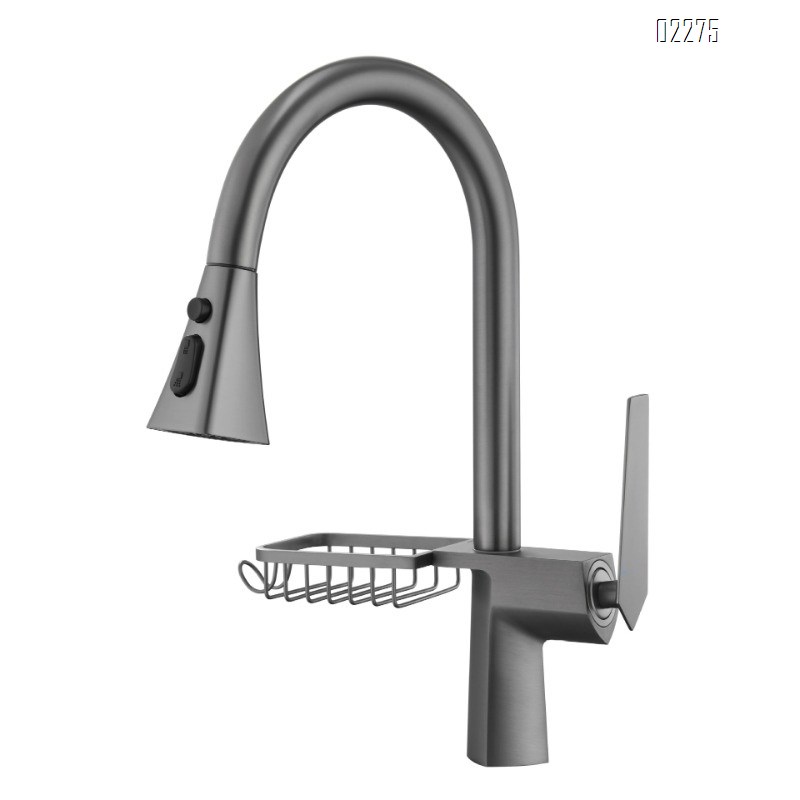 Brass Hot and Cold Gun Gray Kitchen Faucet Rotatable Pull-Out Splash-Proof Sink Basin with Basket Storage Faucet