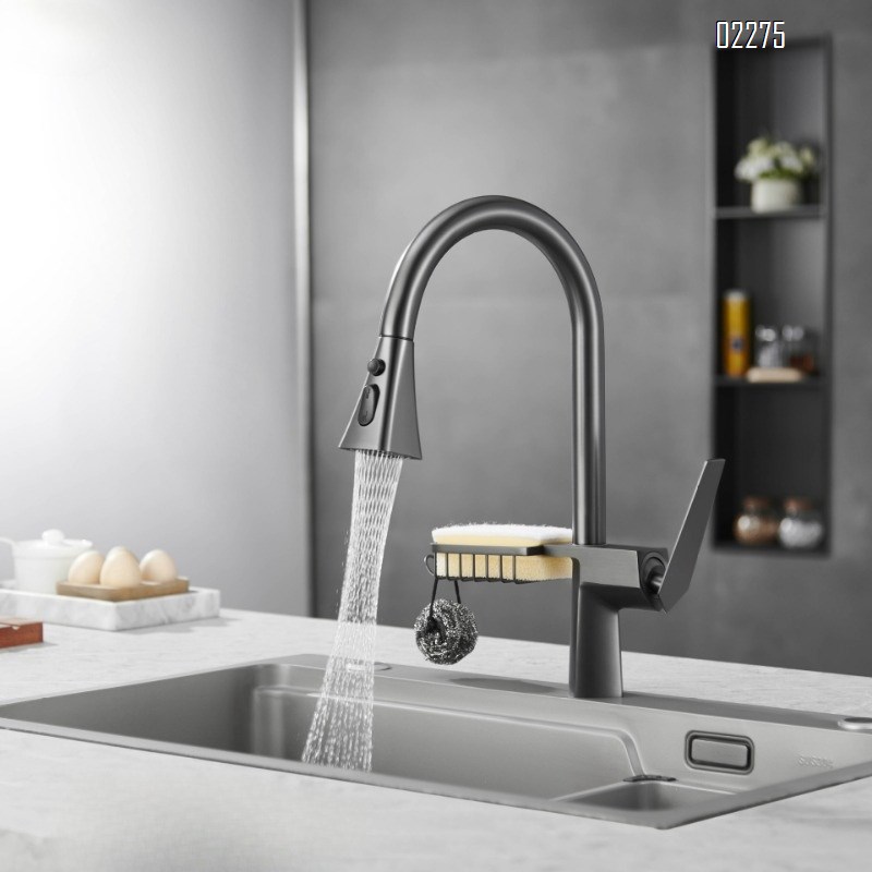 Brass Hot and Cold Gun Gray Kitchen Faucet Rotatable Pull-Out Splash-Proof Sink Basin with Basket Storage Faucet