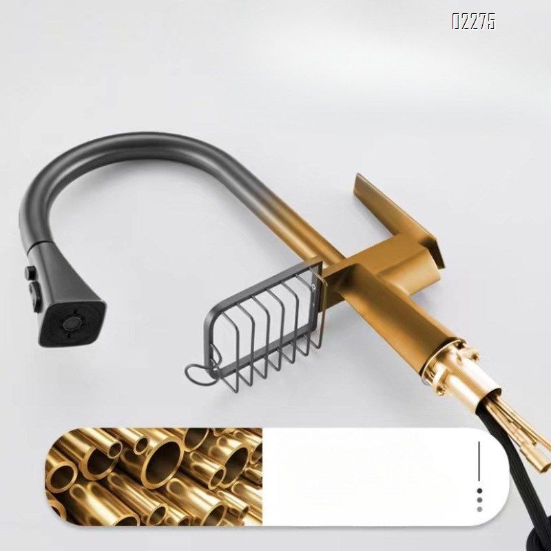 Brass Hot and Cold Gun Gray Kitchen Faucet Rotatable Pull-Out Splash-Proof Sink Basin with Basket Storage Faucet