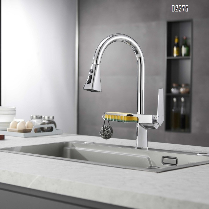Brass Hot and Cold Gun Gray Kitchen Faucet Rotatable Pull-Out Splash-Proof Sink Basin with Basket Storage Faucet