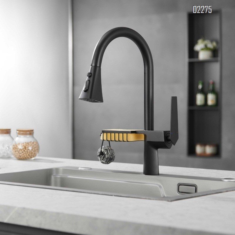 Brass Hot and Cold Gun Gray Kitchen Faucet Rotatable Pull-Out Splash-Proof Sink Basin with Basket Storage Faucet