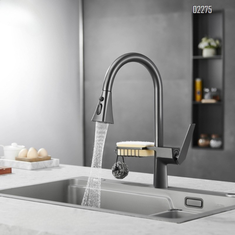 Brass Hot and Cold Gun Gray Kitchen Faucet Rotatable Pull-Out Splash-Proof Sink Basin with Basket Storage Faucet
