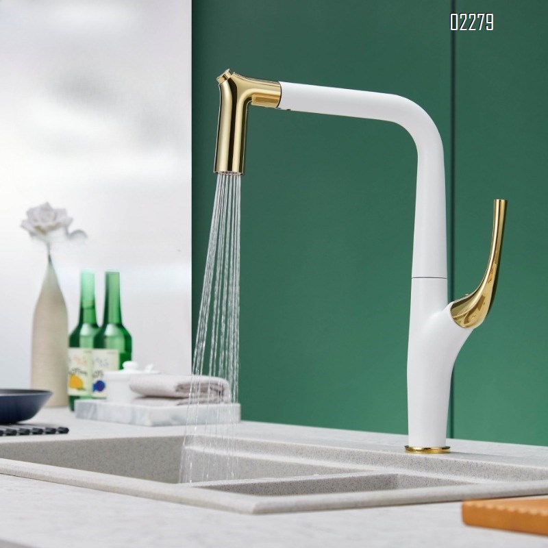 All-Brass Household Kitchen Pull-Out Hot and Cold Water Faucet for Sink Basin Dishwashing Sink Splash-Proof Faucet