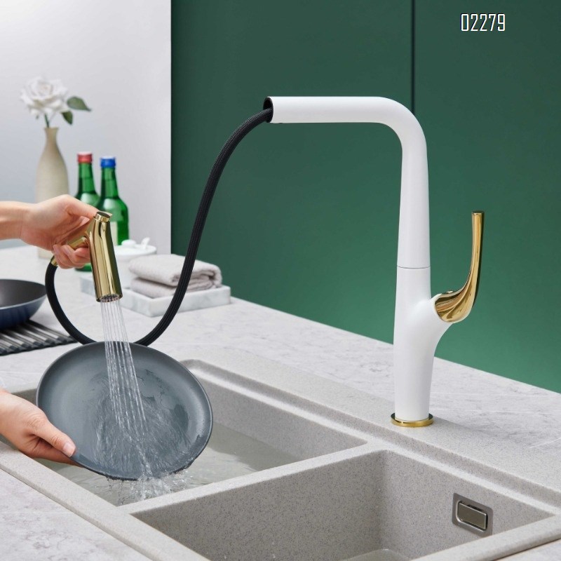 All-Brass Household Kitchen Pull-Out Hot and Cold Water Faucet for Sink Basin Dishwashing Sink Splash-Proof Faucet