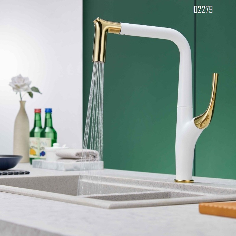 All-Brass Household Kitchen Pull-Out Hot and Cold Water Faucet for Sink Basin Dishwashing Sink Splash-Proof Faucet