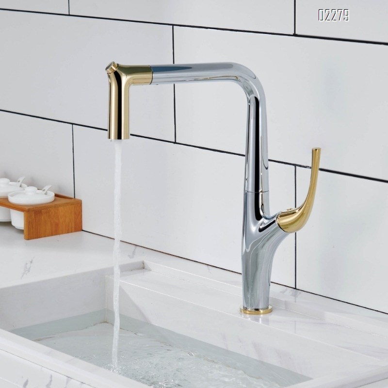 All-Brass Household Kitchen Pull-Out Hot and Cold Water Faucet for Sink Basin Dishwashing Sink Splash-Proof Faucet