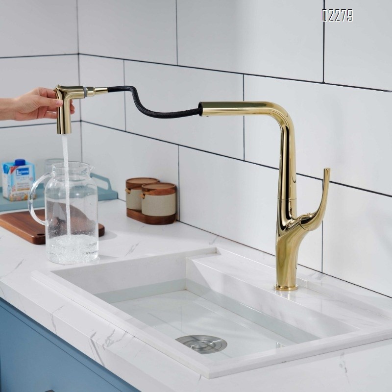 All-Brass Household Kitchen Pull-Out Hot and Cold Water Faucet for Sink Basin Dishwashing Sink Splash-Proof Faucet
