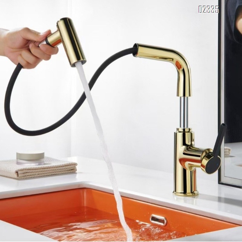 Brass Russia golden lift-up pull-out basin faucet art basin rotate pull-out rotate wash basin faucet Tap