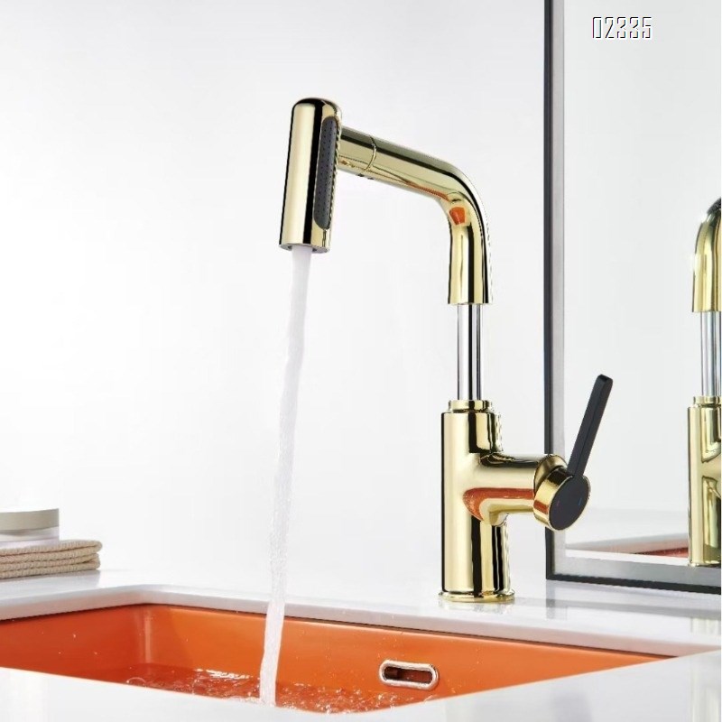 Brass Russia golden lift-up pull-out basin faucet art basin rotate pull-out rotate wash basin faucet Tap