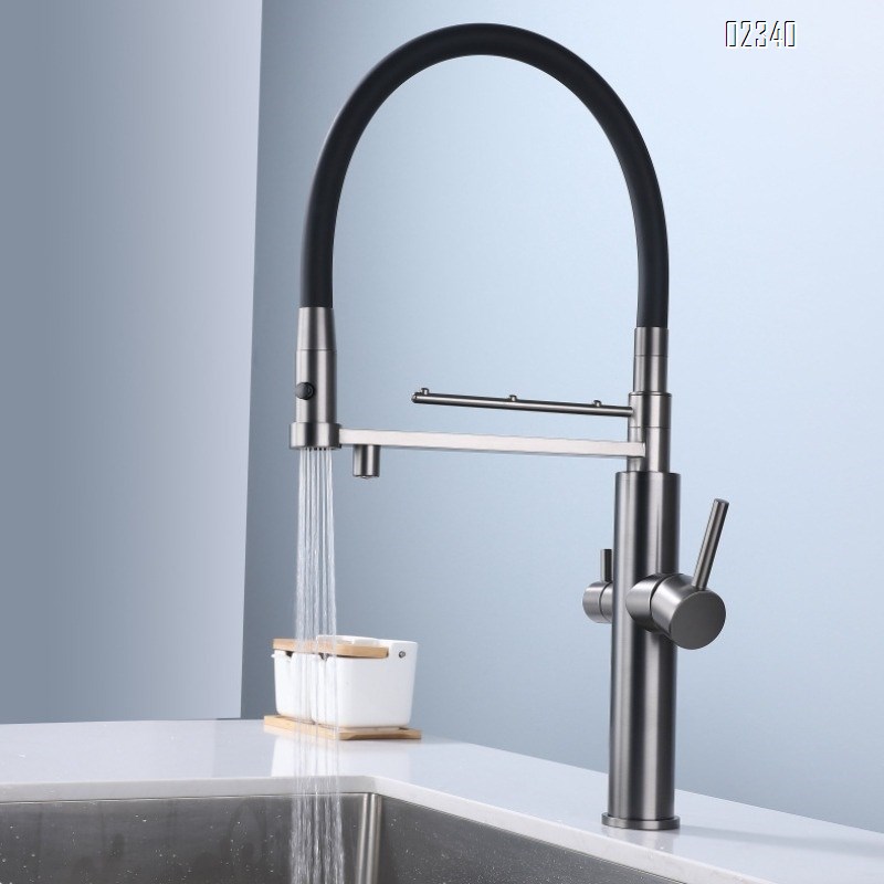 Kitchen Faucet Water Purifier Three-in-One Hot and Cold Gun Gray All-Brass Wash Basin Sink Hanging Rod Pull-Out Faucet