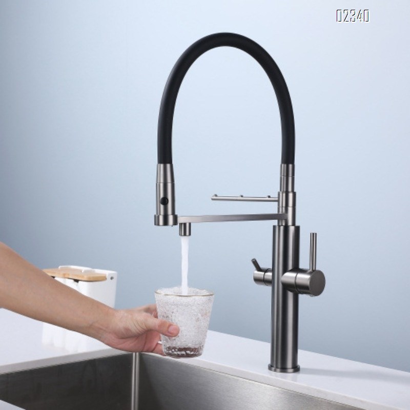 Kitchen Faucet Water Purifier Three-in-One Hot and Cold Gun Gray All-Brass Wash Basin Sink Hanging Rod Pull-Out Faucet