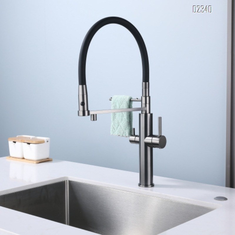 Kitchen Faucet Water Purifier Three-in-One Hot and Cold Gun Gray All-Brass Wash Basin Sink Hanging Rod Pull-Out Faucet