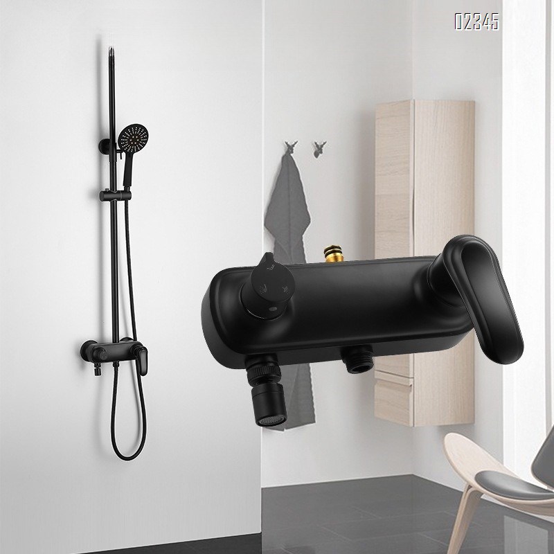 Bathroom Lift Three-Function Shower Set with Square Pipe Bidet and All-Brass Black Shower Head Set