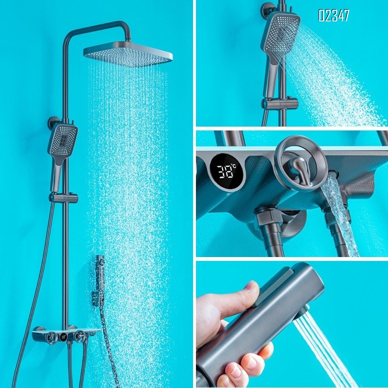 Brass Thermostatic Digital Display Shower Set Gun Gray Four-Function Bathroom Star Rain Pressurized Handheld Shower head Set