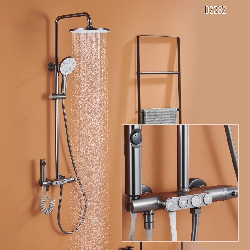 Brass Thermostatic Constant Temperature Shower Head Set Sprayer Round Gun Gray Waterfall Four Functions Tap