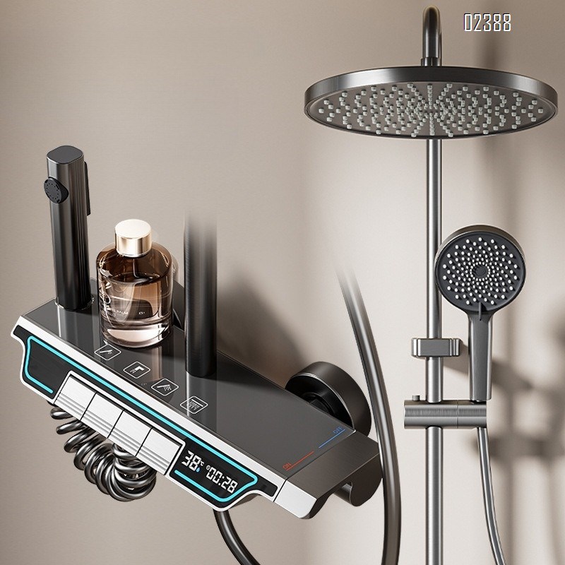 Shower Head Set Space Aluminum Bathroom Shower with LED Shelf Shower Set Tap