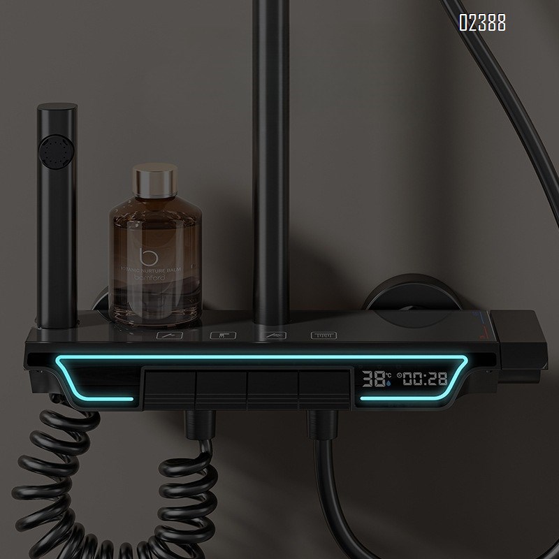 Shower Head Set Space Aluminum Bathroom Shower with LED Shelf Shower Set Tap