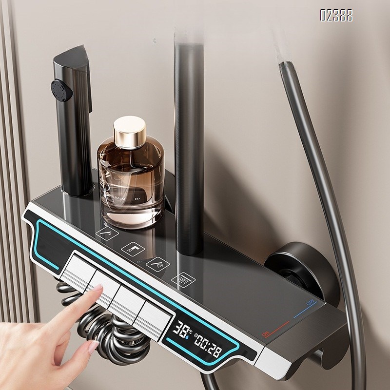 Shower Head Set Space Aluminum Bathroom Shower with LED Shelf Shower Set Tap