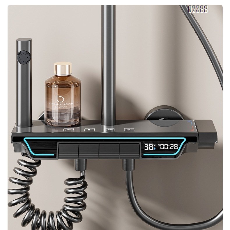 Shower Head Set Space Aluminum Bathroom Shower with LED Shelf Shower Set Tap