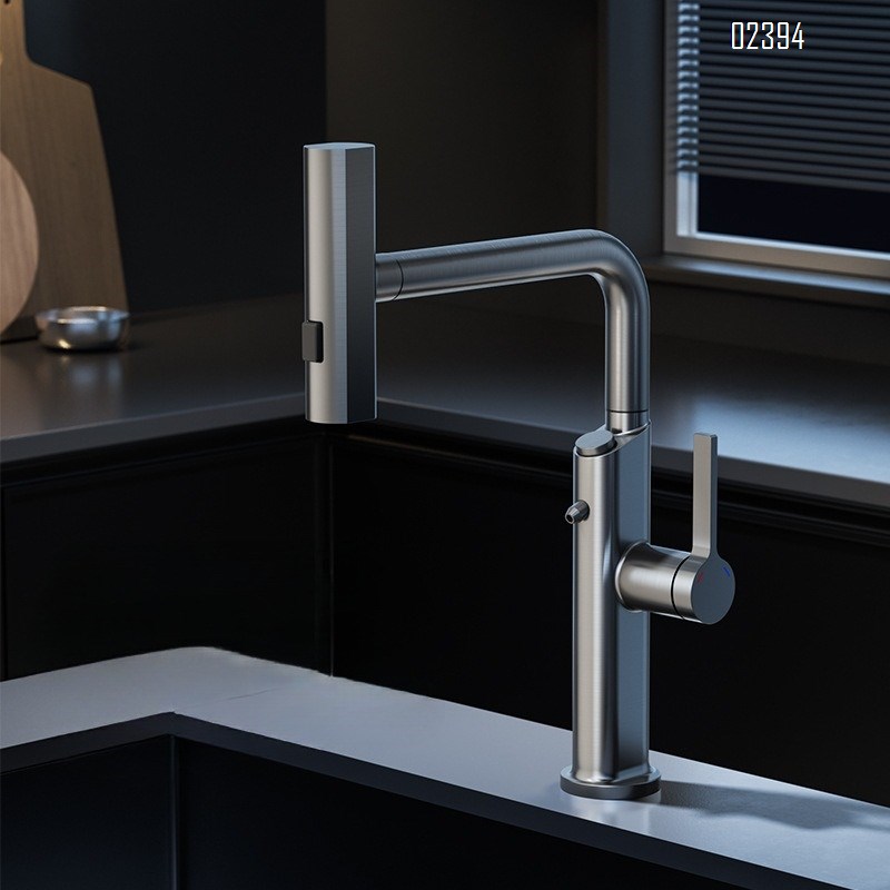 Kitchen Hot and Cold Water Purifier Two-in-One Faucet Pull-out Digital Display Waterfall Brass Rotatable Dishwashing Sink