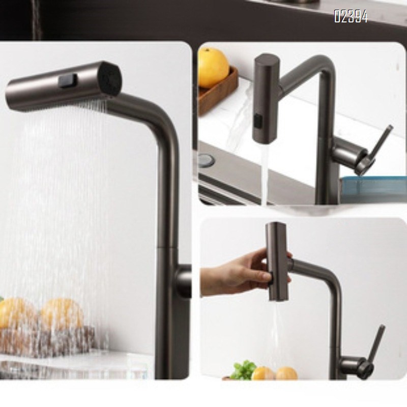 Kitchen Hot and Cold Water Purifier Two-in-One Faucet Pull-out Digital Display Waterfall Brass Rotatable Dishwashing Sink