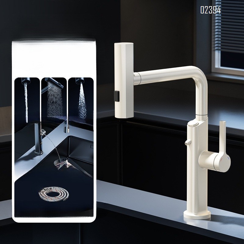 Kitchen Hot and Cold Water Purifier Two-in-One Faucet Pull-out Digital Display Waterfall Brass Rotatable Dishwashing Sink