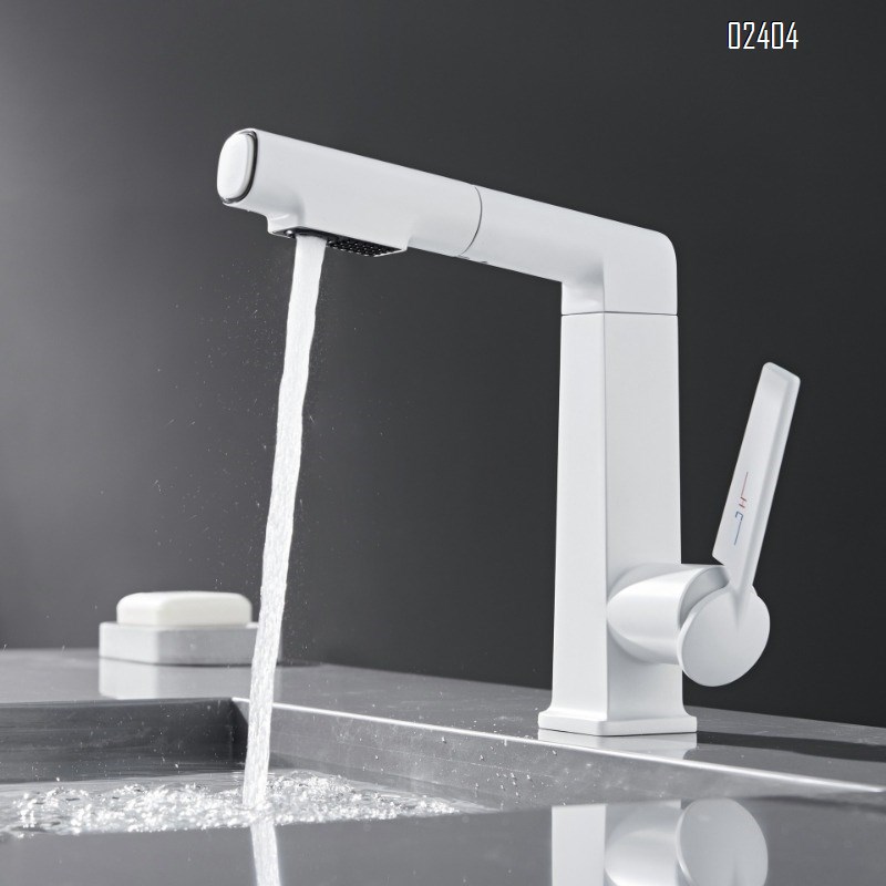 White Basin Faucet Hot and Cold All-Brass Pull-Out with Lift and Rotation for Washing Face and Mouthwash Under-Sink Basin