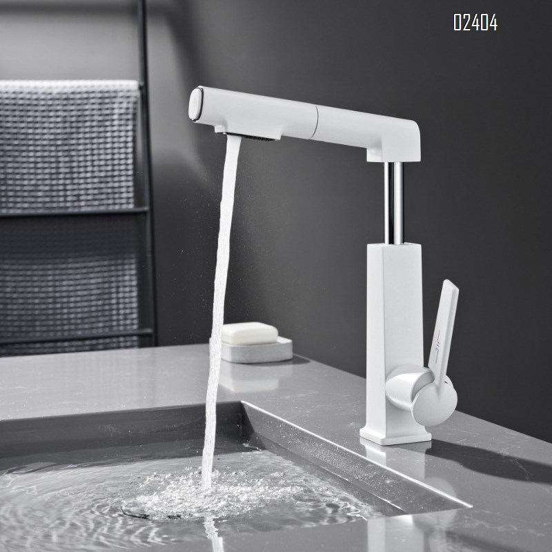 White Basin Faucet Hot and Cold All-Brass Pull-Out with Lift and Rotation for Washing Face and Mouthwash Under-Sink Basin