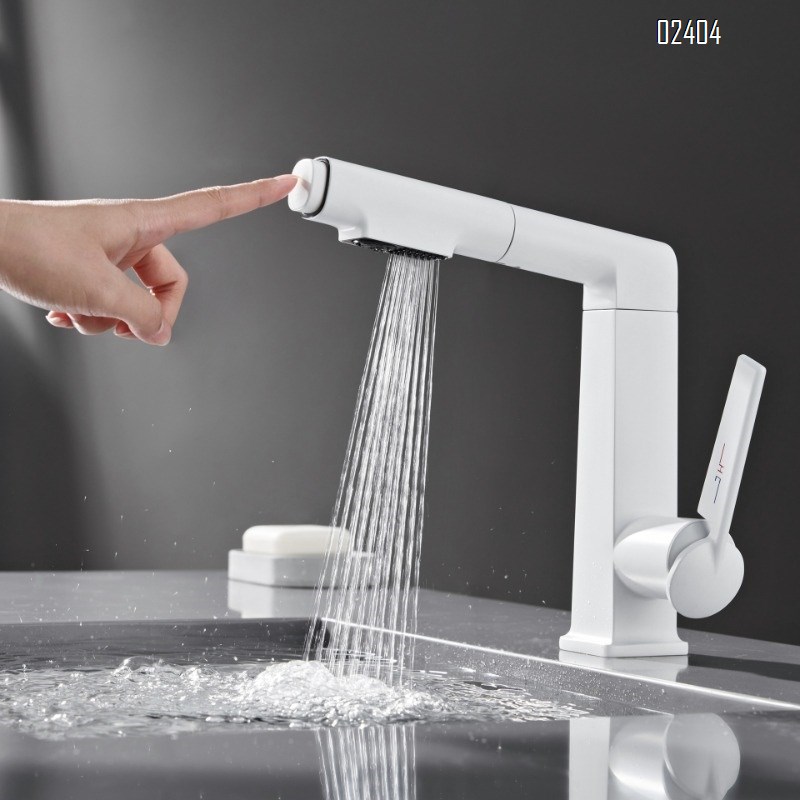 White Basin Faucet Hot and Cold All-Brass Pull-Out with Lift and Rotation for Washing Face and Mouthwash Under-Sink Basin
