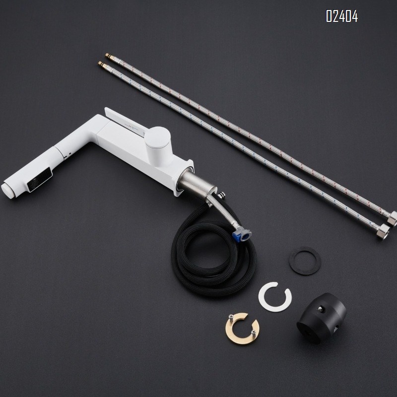 White Basin Faucet Hot and Cold All-Brass Pull-Out with Lift and Rotation for Washing Face and Mouthwash Under-Sink Basin