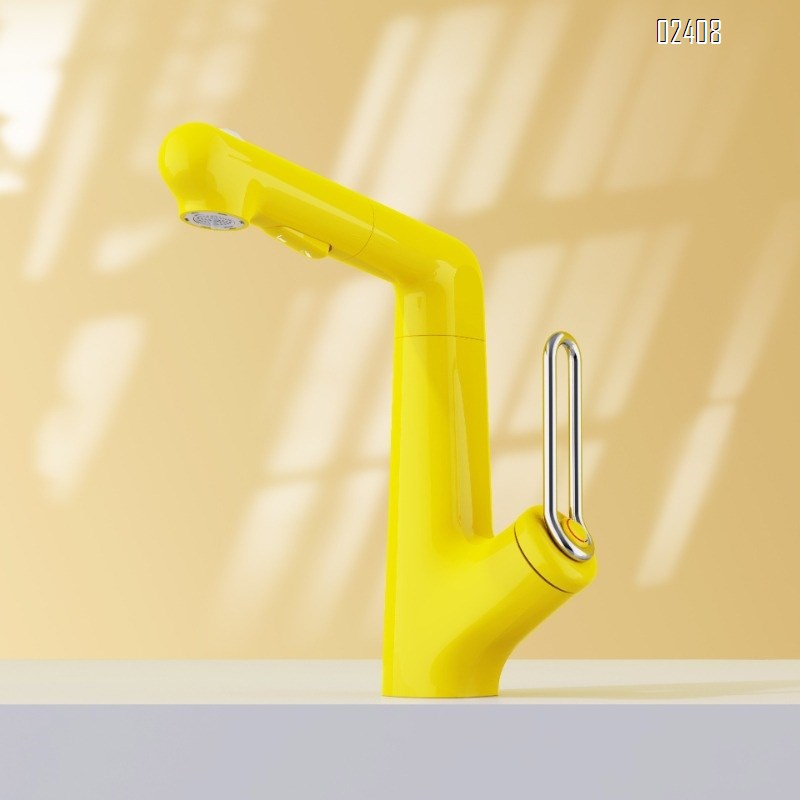 Pull-out Rotating Basin Faucet with Hot and Cold Water Gun Gray Pink Lift Faucet Yellow Splash-Proof Faucet for Home Use