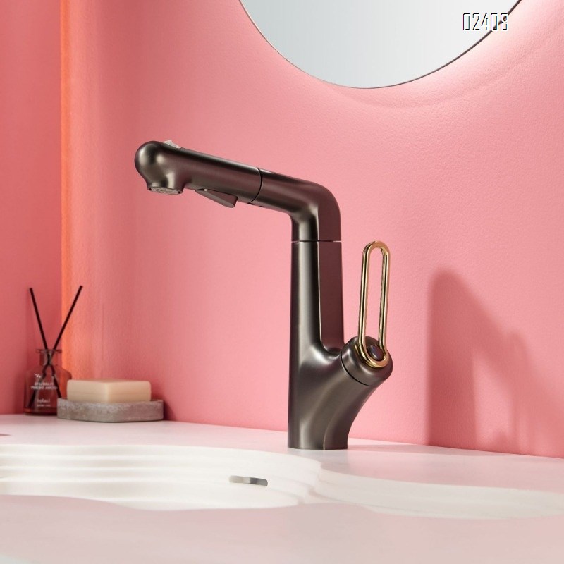 Pull-out Rotating Basin Faucet with Hot and Cold Water Gun Gray Pink Lift Faucet Yellow Splash-Proof Faucet for Home Use