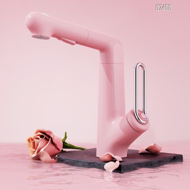 Pull-out Rotating Basin Faucet with Hot and Cold Water Gun Gray Pink Lift Faucet Yellow Splash-Proof Faucet for Home Use