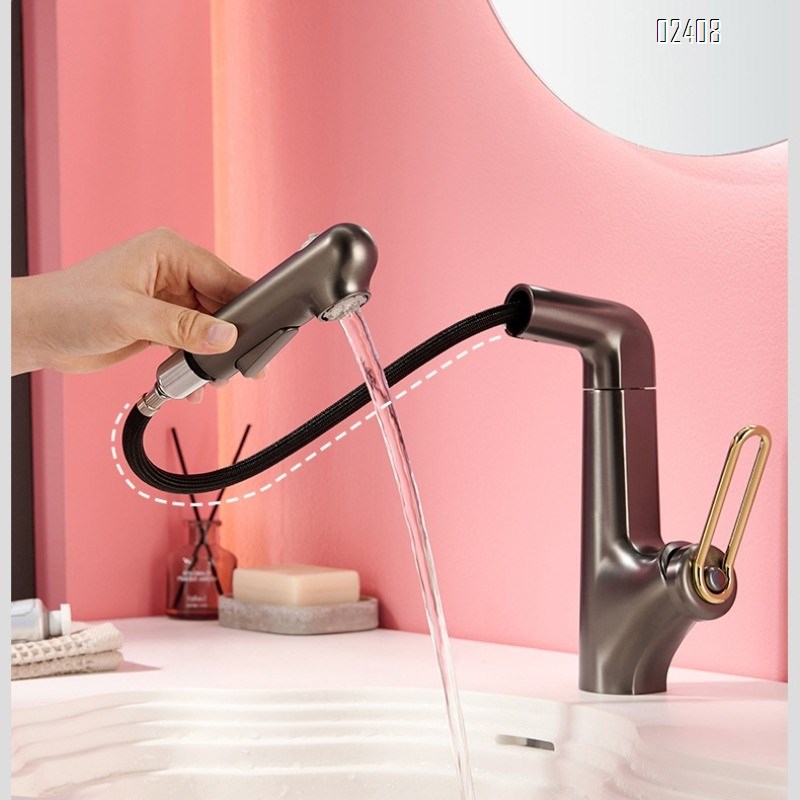 Pull-out Rotating Basin Faucet with Hot and Cold Water Gun Gray Pink Lift Faucet Yellow Splash-Proof Faucet for Home Use