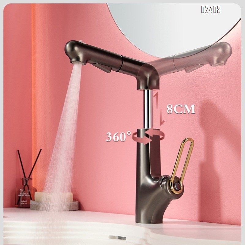 Pull-out Rotating Basin Faucet with Hot and Cold Water Gun Gray Pink Lift Faucet Yellow Splash-Proof Faucet for Home Use