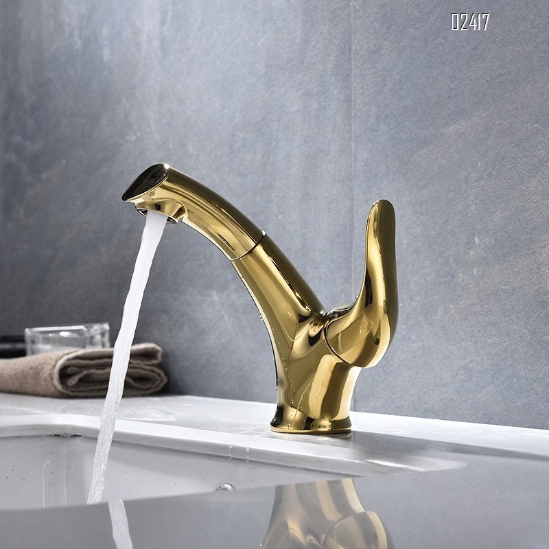 Gold Brass European Style Multi functional Pull-out Bathroom Hot and Cold Water Wash Basin Faucet Undercounter Basin Tap