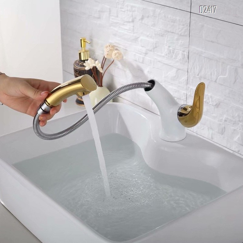 Gold Brass European Style Multi functional Pull-out Bathroom Hot and Cold Water Wash Basin Faucet Undercounter Basin Tap