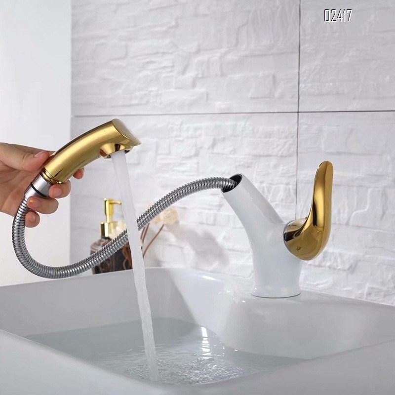 Gold Brass European Style Multi functional Pull-out Bathroom Hot and Cold Water Wash Basin Faucet Undercounter Basin Tap
