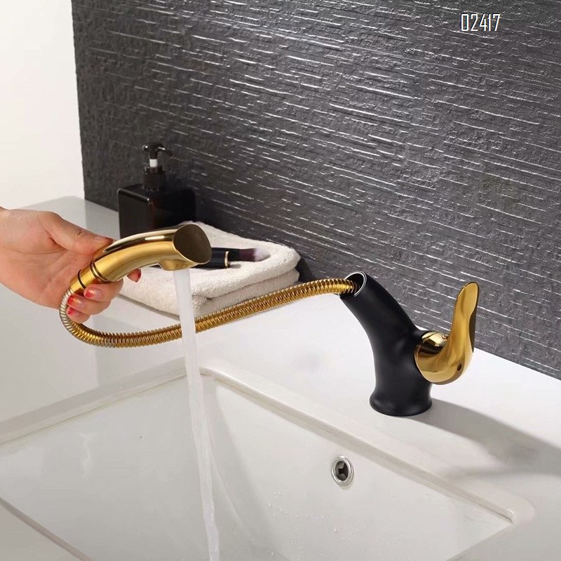 Gold Brass European Style Multi functional Pull-out Bathroom Hot and Cold Water Wash Basin Faucet Undercounter Basin Tap