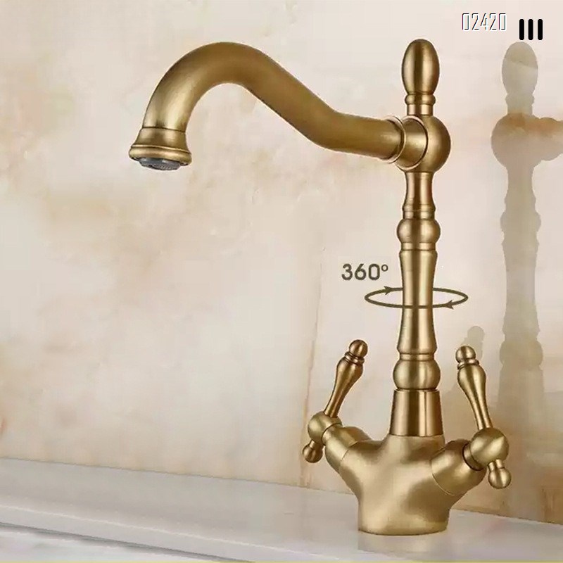 Vintage European Style Brass Basin Faucet for Home Use Countertop Basin Sink Hot and Cold Rotatable Dual Handle Faucet