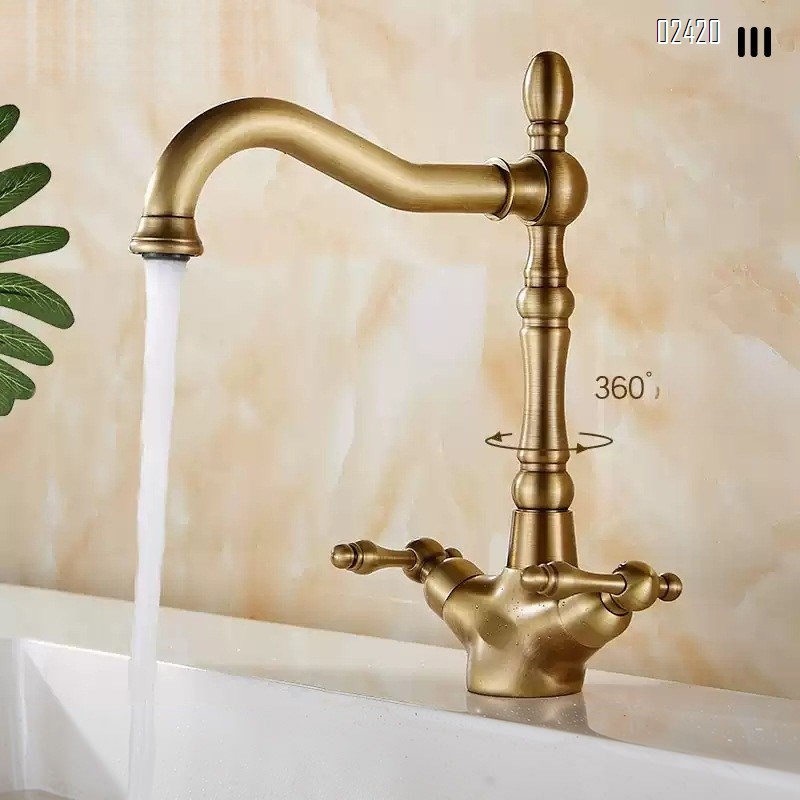 Vintage European Style Brass Basin Faucet for Home Use Countertop Basin Sink Hot and Cold Rotatable Dual Handle Faucet