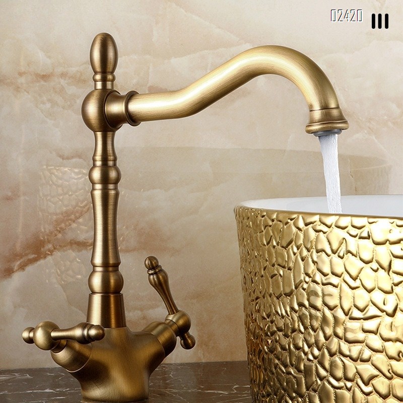 Vintage European Style Brass Basin Faucet for Home Use Countertop Basin Sink Hot and Cold Rotatable Dual Handle Faucet