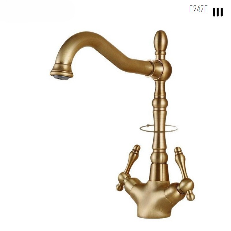 Vintage European Style Brass Basin Faucet for Home Use Countertop Basin Sink Hot and Cold Rotatable Dual Handle Faucet
